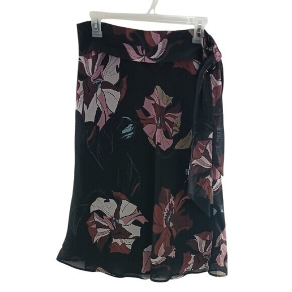 H&M Skirt Black Pink Floral Belted Midi Flowy Womens Size 10 - Picture 1 of 7